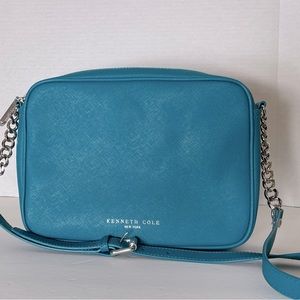 Kenneth Cole leather Crossbody handbag. Teal color with silver tone accents.